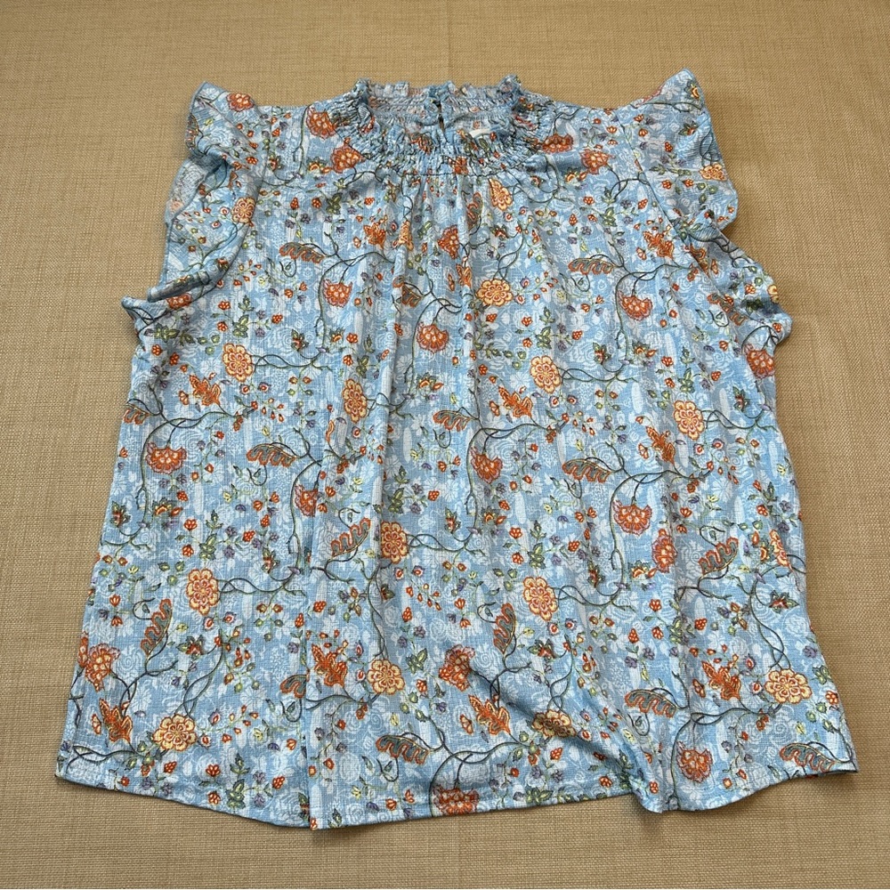Melloday Sleeveless Blue Floral Print High Neck Blouse